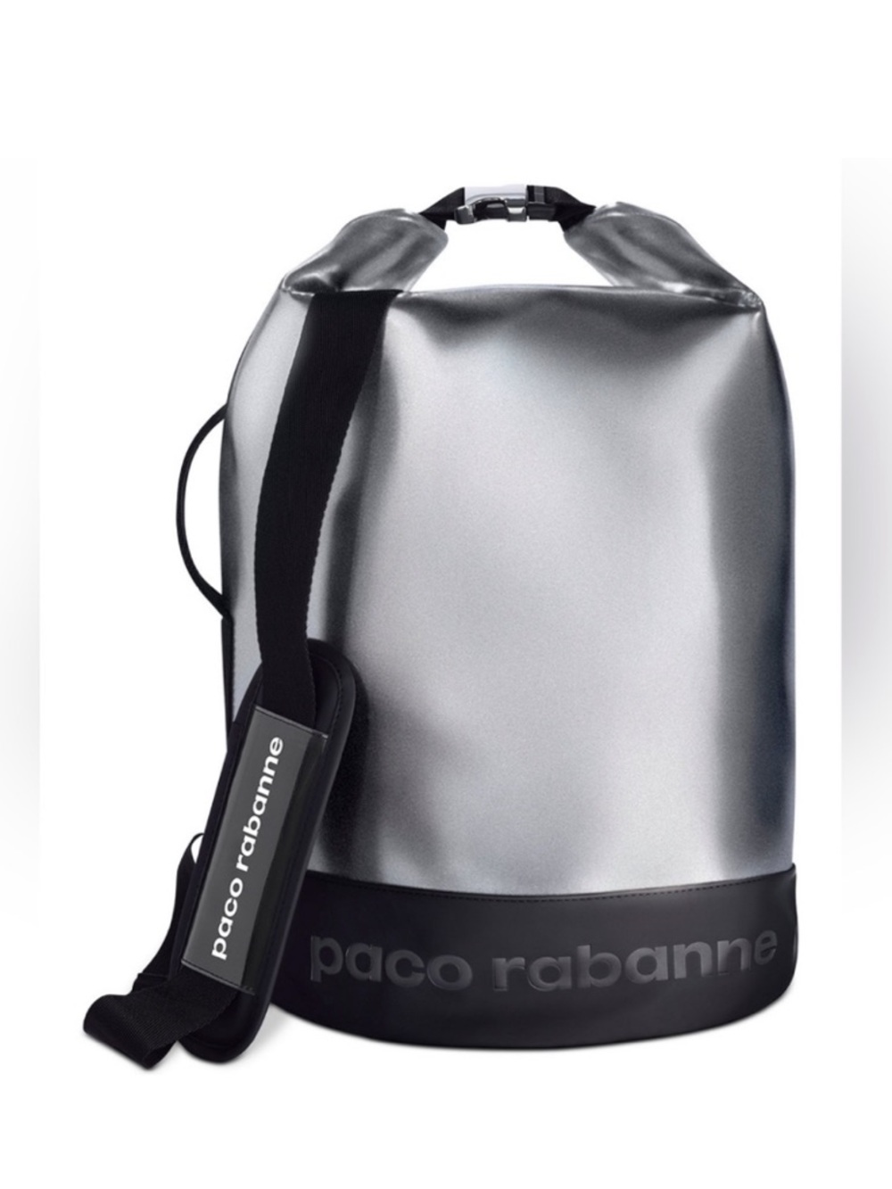 PACO PABANNEA Silver Metallic Duffel bag backpack Black Base Strap LOGO large